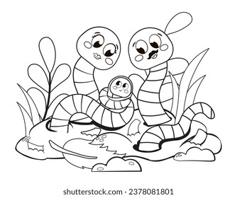 Cute printable coloring page for kids with cartoon earthworm family characters holding newborn and sitting on the ground, composting and insect life cycle concept for kids