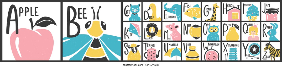 Cute printable English alphabet cards for play and education. Bright ABC set in cartoon style for kids. Handwritten text. Vector shabby hand drawn (not cropped under the mask) illustrations