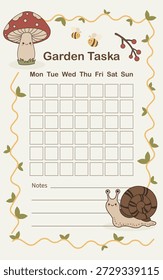 A cute printable garden planner titled "Garden Taska" with a weekly grid, notes section, and forest-themed illustrations like a mushroom and snail.
