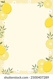 Cute Printable Lemon Themed Notes for Journaling and Education. Vector Illustration A4 Size Fruit Themed Note Paper.