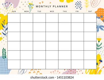 Cute printable Monthly Planner with flower illustrations and abstract design elements. Vector