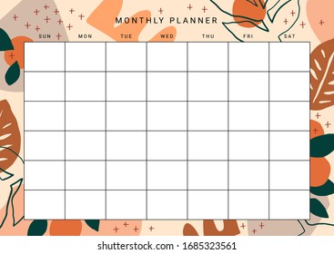 Cute printable Monthly Planner with plants, fruits and abstract design elements. Vector
