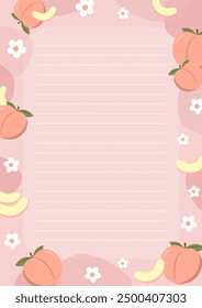 Cute Printable Peach Themed Lined Notes for Journaling and Education. Vector Illustration A4 Size Fruit Themed Note Paper.