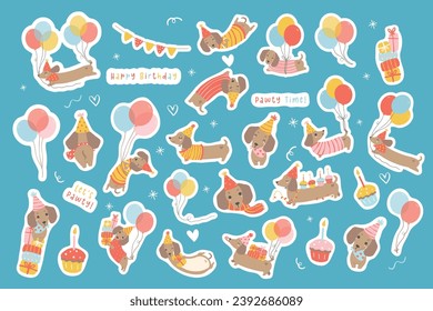 cute Printable sticker birthday Sausage dog dachshund puppy party cartoon illustration set.