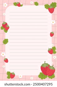 Cute Printable Strawberry Themed Lined Notes for Journaling and Education. Vector Illustration A4 Size Fruit Themed Note Paper.