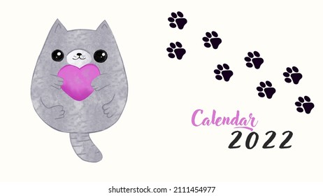 Cute printable template with cat pattern. 2022 trendy calendar design. 12 month team. The week starts on Sunday. Solid color drawing. 13 cat calendar pages with individual cover.