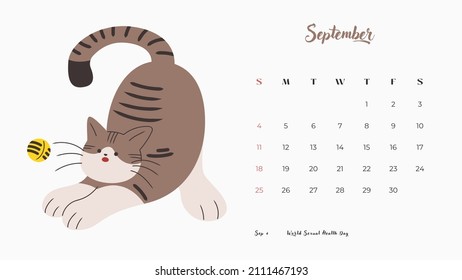 Cute printable template with cat pattern. 2022 trendy calendar design. 12 month team. The week starts on Sunday. Solid color drawing. September page of the 13 cat calendar with a separate cover.