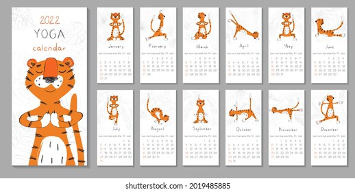Cute printable template with tiger doing yoga. 2022 trendy calendar design. Set of 12 months. Week starts on Sunday. Flat color illustration. 12 yoga poses 
