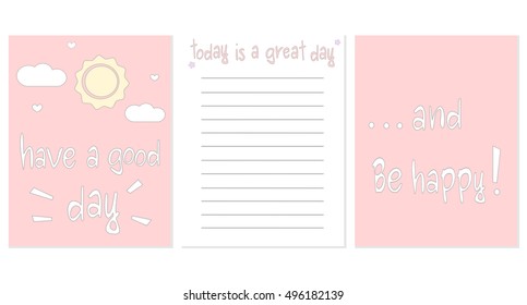 cute printable vector design template for notebook with positive and inspirational hand drawn quotes