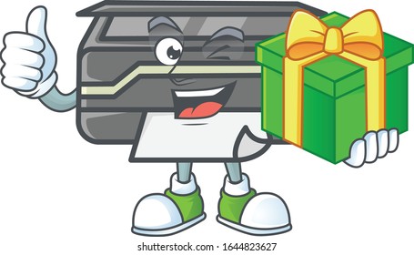 Cute printer character holding a gift box