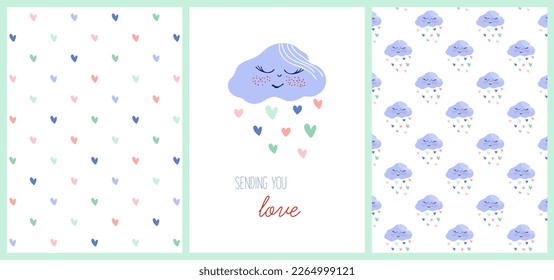 Impresiones para la ducha de bebé, el cumpleaños y el día de San Valentín. Nubes durmientes con corazones que llueven, patrones y texto Te mandan amar. Obra de arte vectorial dibujada a mano.