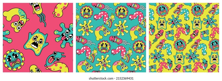 Cute prints with cartoon bacteria in the set. Seamless pattern with characters of microbes, funny monsters in bright outline style. Vector illustration.