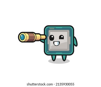 cute processor character is holding an old telescope , cute style design for t shirt, sticker, logo element