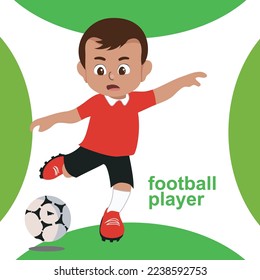 Cute kids’ profession dreams flashcard for children. Kids' dream job a cute football player boy kicking the ball. Printable game card. Educational card for preschool. Kawaii vector illustration.