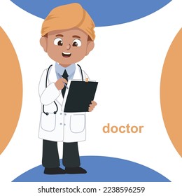 Cute kids’ profession dreams flashcard for children. Kids' dream job an Indian little doctor with stethoscope on his neck while writing the patient’s medical record. Printable game card. 