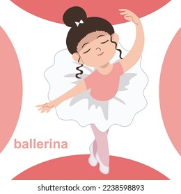 Cute kids’ profession dreams flashcard for children. Kids' dream job a cute ballerina girl dancing happily. Printable game card. Educational card for preschool. Kawaii vector illustration.