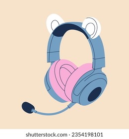 Auriculares profesionales de juego con orejas de oso para las niñas al estilo de las caricaturas. Colorido equipo de audio rosa azul para escuchar música. Icono de dispositivo de música o impresión. Ilustración de material vectorial.