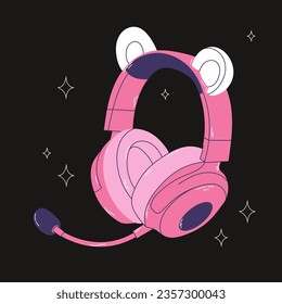 Cute professional gaming headphones with bear ears for girls in cartoon style. Music device icon or print. Vector stock illustration. Colorful blue pink audio equipment for listening to music.