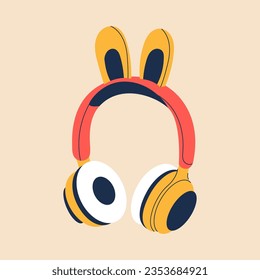 Cute professional gaming headphones with bunny ears for girls in cartoon style. Colorful yellow red audio equipment for listening to music. Music device icon or print. Vector stock illustration.