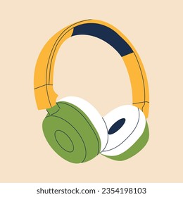 Auriculares profesionales de juego para niñas y niños al estilo de las caricaturas. Colorido equipo de audio amarillo verde para escuchar música. Icono de dispositivo de música o impresión. Ilustración de material vectorial.