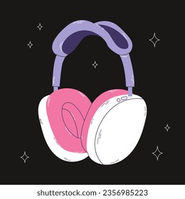 Cute professional gaming headphones for girls and boys in cartoon style. Colorful purple pink audio equipment for listening to music. Music device icon or print. Vector stock illustration. 