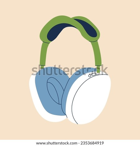 Cute professional gaming headphones for girls and boys in cartoon style. Colorful green blue audio equipment for listening to music. Music device icon or print. Vector stock illustration.