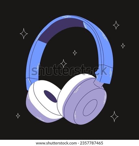 Cute professional gaming headphones for girls and boys in cartoon style. Colorful purple blue audio equipment for listening to music. Music device icon or print. Vector stock illustration.
