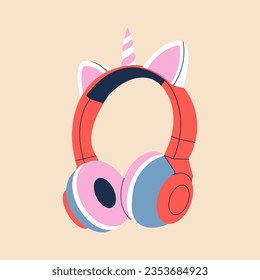 Cute professional gaming headphones with unicorn ear for girls in cartoon style. Colorful red pink audio equipment for listening to music. Music device icon or print. Vector stock illustration.