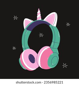 Cute professional gaming headphones with unicorn ear for girls in cartoon style. Colorful green pink audio equipment for listening to music. Music device icon or print. Vector stock illustration.