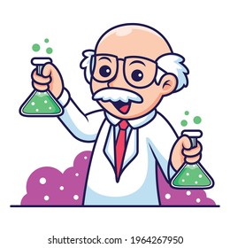Cute Professor Cartoon with New Invention. Vector Icon Illustration, Isolated on Premium Vector