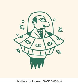 cute professor and ufo cartoon illustration