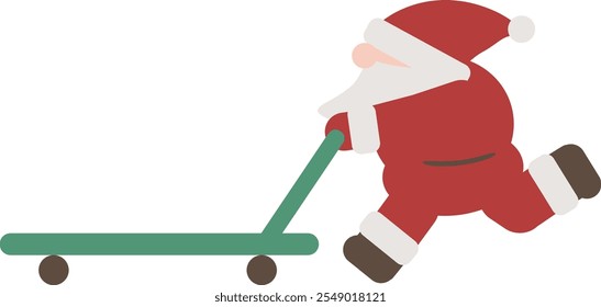 A cute profile of Santa Claus pushing an empty cart