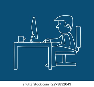 Vista discreta de perfil de un hombre, niño sentado en su escritorio usando un ordenador y tomando café. Diseñador gráfico. Ilustración vectorial de estilo de caricatura de líneas blancas aislada en fondo azul.