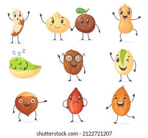 Nueces de proteína. Chibia de personaje de historieta de nuez feliz, semillas de maní divertidas, características de comida vegana de almendra, coco de pistachio emoji cara nutrición saludable, ilustración vectorial. Feliz ingrediente vegetariano