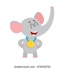 Cute, proud elephant character, champion wearing golden winner medal, cartoon vector illustration isolated on a white background. 