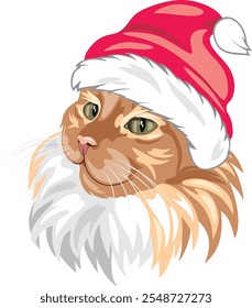 Cute proud ginger cat in Santa hat. Vector