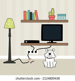 adorable cachorro orgulloso jugando con cables peligrosos. arte vectorial