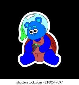 A cute psychedelic bear with a turtle shell squeezes toothpaste onto the phone. Flat vector illustration. Surrealism