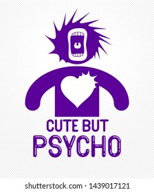 Cute but psycho funny vector cartoon logo or poster with weird expression man icon and screaming mouth, t shirt print or social media picture.