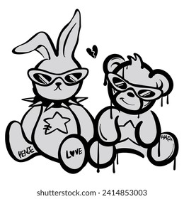cute but psycho teddy rabbit and bear illustration