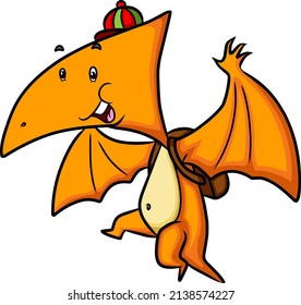 The cute pteranodon wearing a bag and flying of illustration