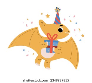 Cute Pterodactyl Dinosaur at Birthday Party with Gift Box Vector Illustration