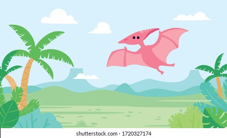 Cute Pterodactyl Dinosaur In Prehistoric Landscape