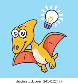 Cute pterodactyl with lightbulb dinosaur cartoon character vector Illustration