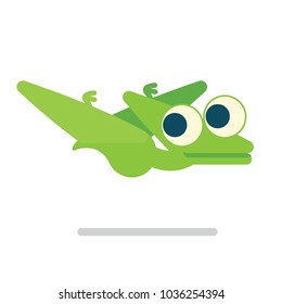 Cute Pterosaur flying. Dinosaur life. Vector illustration of prehistoric character in flat cartoon style isolated on white background. Funny green Pterodactylus with big eyes. Element for design.