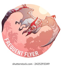 Cute Pterosaurus flying over tropical forest. Paleoart. Circular Badge or Icon. Frequent flyer sign. Line drawing brightly colores and Isolated on white background. EPS10 vector illustration.
