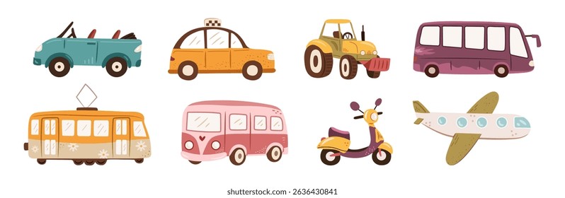 Cute public transport set. Vector isolated cartoon convertible and taxi, tractor and bus, trolleybus and minibus, moped and airplane. City and urban transporters collection. Funny road vehicles