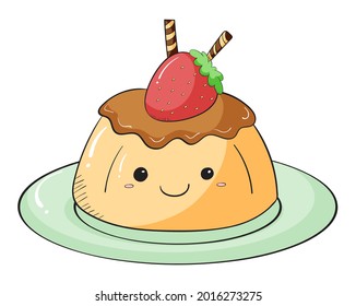 Cute Pudding with burn sugar and strawberry on top, dessert, sweets, vector,Doodle