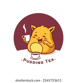 Cute Pudding Character Enjoying a Cup of Tea Cartoon Style Logo Design