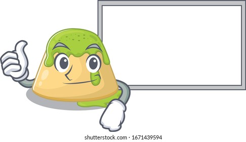 cute pudding green tea cartoon character Thumbs up bring a white board